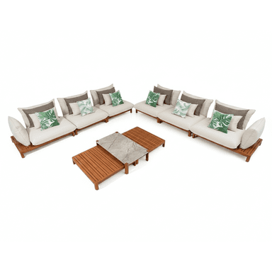 An outdoor modular sectional lounge set, comprising several individual seating units with light-toned wooden frames, off-white cushions, and decorative throw pillows, arranged in a U-shape around a central two-tiered coffee table with slatted wood and a stone-like top. — 3D model (AI enhanced source)