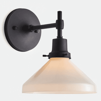 A contemporary wall sconce featuring a matte black finish on its metal components and a conical, opaque white glass shade. The fixture mounts to the wall with a circular backplate, from which a straight arm extends to support the downward-facing shade. — 3D model (AI enhanced source)