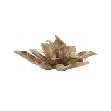 A decorative object shaped like a blooming lotus flower or succulent, crafted from gilded metal. It features multiple layers of petals, each with subtle texture and a slightly irregular, organic form, radiating outwards to create a full, symmetrical floral display. The finish is a matte or brushed gold/brass tone, suggesting an antique or aged aesthetic. — 3D model (AI enhanced source)