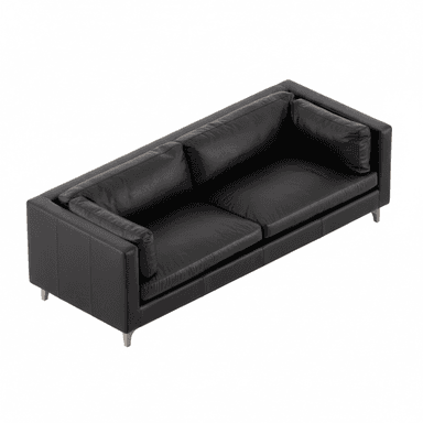 A contemporary three-seater sofa upholstered in black leather, featuring a clean-lined square arm design, loose seat and back cushions, and supported by tapered, light-colored wooden legs. — 3D model (AI enhanced source)