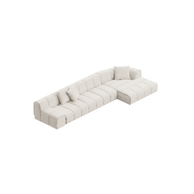 A large, modern L-shaped modular sectional sofa upholstered in a light, textured fabric. It features prominent horizontal channel tufting across all seating surfaces, backrests, and low-profile armrests. The configuration includes a long sofa segment, a corner piece, and an integrated chaise lounge. Several matching throw pillows are placed on the sofa. — 3D model (AI enhanced source)