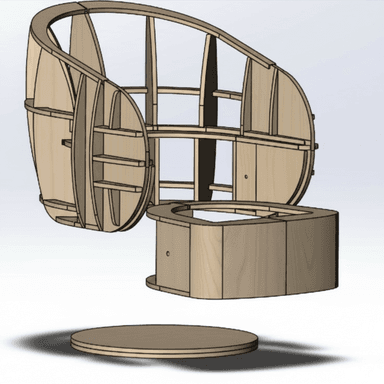 A 3D CAD rendering of a disassembled egg chair frame, composed of precisely cut plywood or engineered wood segments. The main chair shell is shown floating above a cylindrical base, which itself rests above a circular footplate. All components reveal their internal structural design, with interlocking segments forming the curved shapes. — 3D model (AI enhanced source)