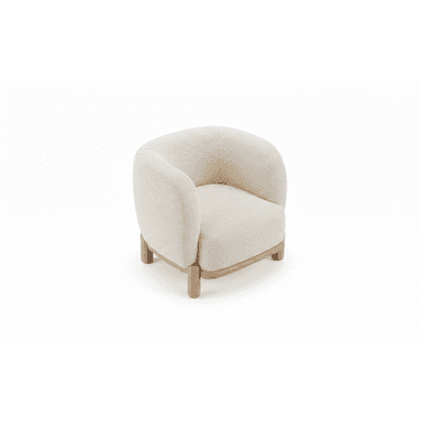 A modern upholstered armchair featuring a rounded back and seat, supported by short wooden legs, presented on a white background. — 3D model (AI enhanced source)