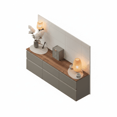 A long, low dresser with a wooden top and grey drawers. It features a tiled backsplash behind it. Two bedside lamps with woven shades are placed on the top surface, along with a vase of flowers and a small grey organizer. The dresser has a modern, minimalist design. — 3D model (AI enhanced source)