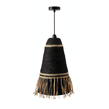 A black conical pendant light featuring a woven texture, accented with natural-colored raffia bands and a fringe along the bottom edge, suspended by a black cord and canopy. — 3D model (AI enhanced source)