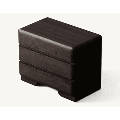 A compact, modern nightstand featuring three drawers, constructed from dark wood with visible grain. The design is characterized by softly rounded edges on the top, sides, and drawer fronts, giving it a sleek, contemporary appearance. It sits on a slightly recessed plinth base, creating a floating effect. The drawer fronts are handle-less, suggesting integrated or push-to-open mechanisms. — 3D model (AI enhanced source)