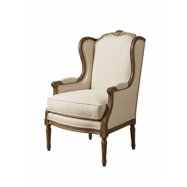 A classic French Provincial style wingback armchair featuring an exposed carved wood frame and upholstered in a light-colored fabric. The chair has an elegant silhouette with a high back, flared wings, and gracefully curved arms. The wooden elements, including the armrests, back frame, and legs, are intricately carved with traditional motifs, showcasing a rich, warm wood tone. The seat and back cushions are well-padded, providing comfort, and covered in a textured, possibly linen-blend, cream or beige fabric. The legs are slender and fluted, characteristic of the style. — 3D model (AI enhanced source)