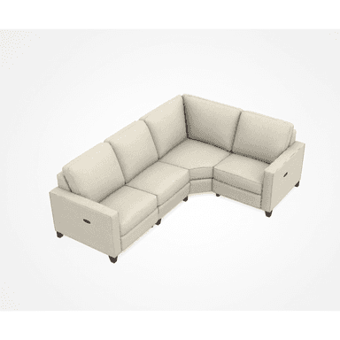 An L-shaped reclining sectional sofa upholstered in a light beige, textured fabric. The sofa features a modular design with multiple sections, including a corner piece and end pieces with block arms. Each end piece includes an integrated recliner control, suggesting a manual reclining mechanism. The cushions are structured with clean lines, and visible stitching outlines the edges of the sofa components. It rests on dark, tapered wooden feet. — 3D model (AI enhanced source)