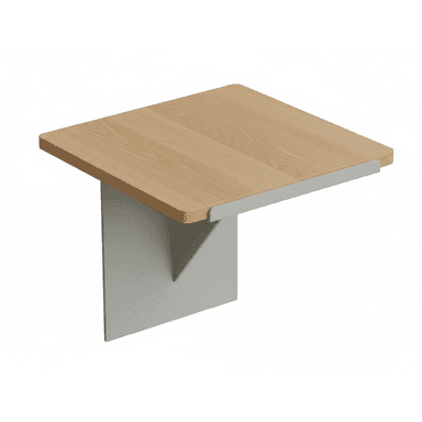 A minimalist wall-mounted shelf featuring a light-toned wooden top with rounded corners, supported by a contrasting light grey L-shaped bracket. A thin grey trim is visible along the front edge of the wooden surface, providing a clean and contemporary aesthetic. — 3D model (AI enhanced source)