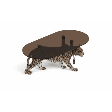 An oval coffee table supported by a realistically rendered leopard sculpture. The tabletop is made of smoked glass and is supported by black cylindrical posts that emerge from the leopard's back. The leopard sculpture is detailed with spotted fur patterns and appears to be in a walking pose. A black tag-like object is suspended from a chain around the leopard's neck. — 3D model (AI enhanced source)