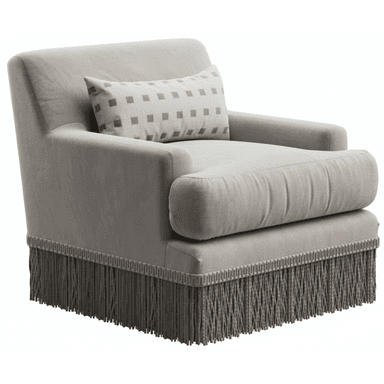A modern upholstered armchair, featuring plush, rounded arms and backrest, a distinctive rolled front seat cushion, and a long, decorative fringe skirt along the base. It is presented in a light neutral fabric and includes a small rectangular lumbar pillow with a geometric pattern. — 3D model (AI enhanced source)