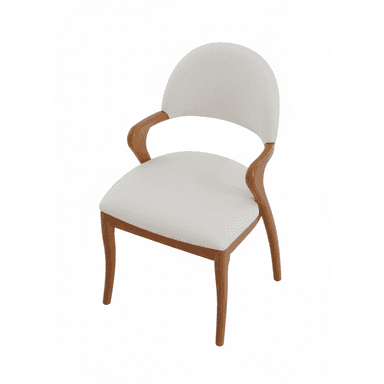 A contemporary dining armchair featuring a solid wood frame with curved elements and light-colored upholstery on the seat and backrest. The design includes integrated armrests and tapered legs. — 3D model (AI enhanced source)