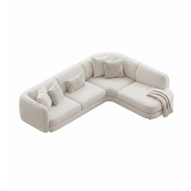 A modern, cream-colored sectional sofa with a low profile and rounded arms. The sofa features multiple seating modules and includes throw pillows for added comfort and visual interest. A cream-colored throw blanket is draped over one section. — 3D model (AI enhanced source)