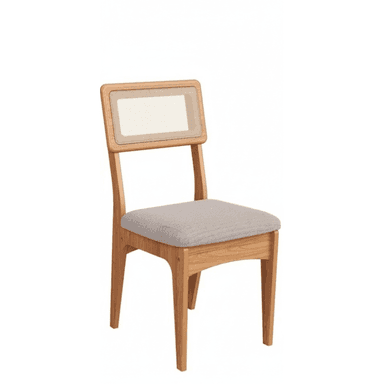 A modern wooden dining chair featuring a light gray upholstered seat and a rectangular cane backrest. The frame is made of light-toned wood, likely oak, with a smooth finish. The chair has a clean, minimalist design with subtly tapered legs. — 3D model (AI enhanced source)