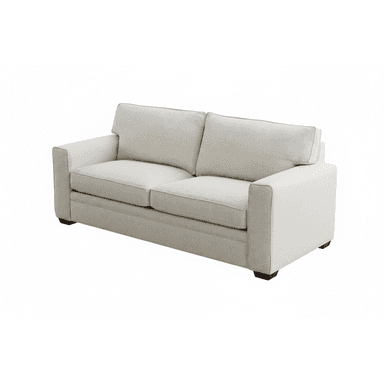 A contemporary upholstered two-seater sofa, commonly known as a loveseat, featuring square track arms and tailored lines. It is upholstered in a light-colored, textured fabric with visible piping detail on the two seat cushions and two loose back cushions. The sofa is supported by short, dark-stained block legs. — 3D model (AI enhanced source)