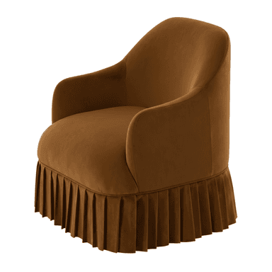 A plush armchair upholstered in a rich, matte brown velvet fabric. The armchair features a rounded back that seamlessly transitions into low, curved armrests. The base of the armchair is distinguished by a prominent, tailored pleated skirt that extends to the floor, adding a decorative and somewhat vintage aesthetic. The overall form is compact and inviting. — 3D model (AI enhanced source)
