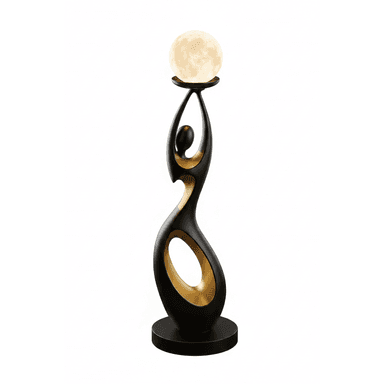 A tall, freestanding floor lamp featuring an abstract, sculptural body composed of dark, possibly black, metal with fluid, undulating forms. Integrated into this structure are golden-finished elements that create a striking contrast. At the apex of the lamp, a spherical light source, reminiscent of a moon, is cradled, emitting a soft, diffused glow. The lamp stands on a circular base, maintaining a sleek and modern aesthetic. — 3D model (AI enhanced source)