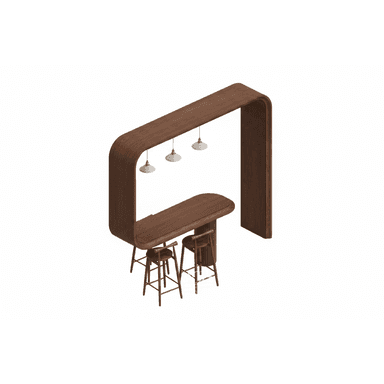 A modern bar set featuring a curved, U-shaped structure with a wooden countertop. Three pendant lights with white shades are suspended from the upper curve. Two bar stools with wooden seats and frames are positioned beneath the countertop. The base of the main structure appears to be a darker, possibly ribbed material. — 3D model (AI enhanced source)