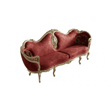 A vintage-style sofa with a red upholstered seat and backrest, featuring ornate gold-colored carved wooden trim along the edges and legs. The upholstery has a subtle patterned texture. Decorative floral wreaths are attached to the sides of the backrest. — 3D model (AI enhanced source)