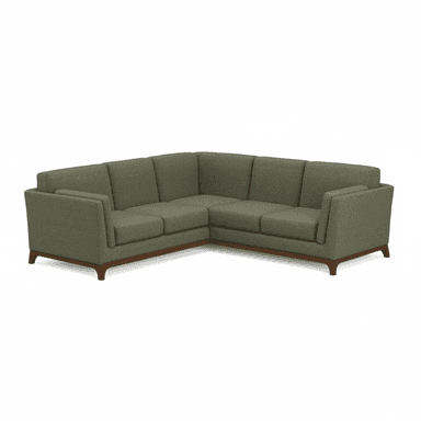 A contemporary L-shaped sectional sofa upholstered in olive green fabric, featuring a minimalist design with an exposed dark wooden frame and tapered legs. — 3D model (AI enhanced source)