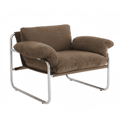A modern lounge chair featuring a polished tubular chrome frame and plush, brown fabric cushions for the seat, back, and armrests. — 3D model (AI enhanced source)