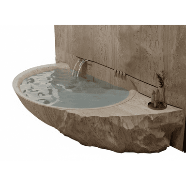 A freestanding bathtub carved from natural stone, with a rough, chiseled exterior resembling a rock formation. The interior is smooth and contains water. A waterfall faucet integrated into the stone wall behind the tub provides a gentle stream of water. The tub is partially recessed into a stone-tiled wall. — 3D model (AI enhanced source)