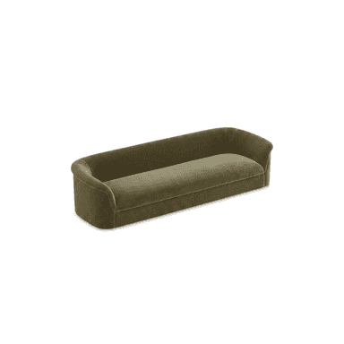 A contemporary three-seater sofa upholstered in a plush olive green velvet fabric, featuring a low-profile design with integrated, gracefully curved arms and backrest. The design emphasizes soft lines and a seamless, monolithic appearance without visible legs. — 3D model (AI enhanced source)