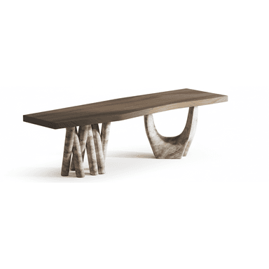 A contemporary bench featuring a solid dark wood top with a natural finish, supported by two distinct sculptural bases made of veined natural stone. One base comprises multiple bundled cylindrical forms, while the other is a single, gracefully arched or U-shaped support, both contributing to an organic and modern aesthetic. — 3D model (AI enhanced source)