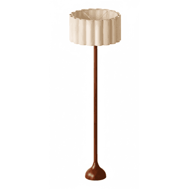 A tall, slender floor lamp featuring a dark wooden base and stem, complemented by an off-white, pleated fabric shade with a distinctive scalloped top rim. — 3D model (AI enhanced source)