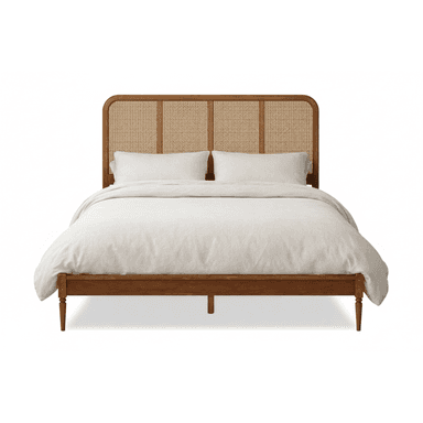 A wooden bed frame with a headboard featuring a cane webbing insert and rounded top corners. The frame is supported by four tapered legs. The bed is dressed with white bedding, including a duvet and pillows. — 3D model (AI enhanced source)