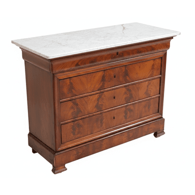 A rectangular chest of drawers featuring a white marble top, a shallow frieze drawer, and three larger drawers below. Constructed from richly figured wood, likely mahogany or burr wood, with a warm reddish-brown finish. The piece rests on a plinth base with small bun feet. — 3D model (AI enhanced source)