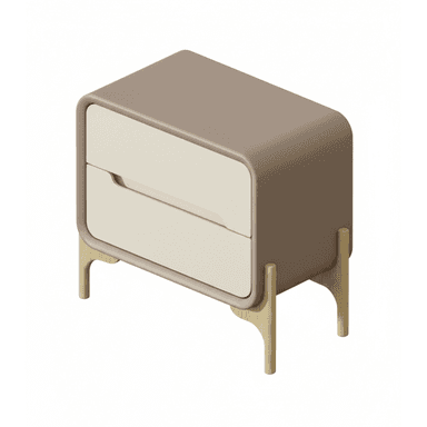 A contemporary two-drawer nightstand featuring a rounded rectangular body in a matte taupe finish. It has two flush-front drawers in a contrasting light beige, each with a subtle integrated cut-out pull. The entire unit is supported by four splayed, round-tapered legs made from light natural wood, providing a modern and elevated aesthetic. — 3D model (AI enhanced source)