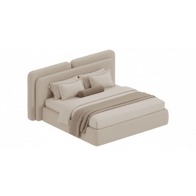 A modern platform bed featuring a fully upholstered frame and headboard in a neutral beige fabric. The headboard is composed of two distinct, rounded, and slightly angled panels that create a soft, contemporary aesthetic. The platform base is integrated with the headboard, providing a clean, minimalist profile. The bed is dressed with matching neutral bedding, including pillows and a decorative throw. — 3D model (AI enhanced source)