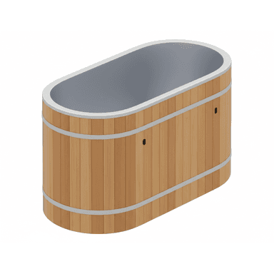 An oval-shaped bathtub constructed with vertical wooden staves for the exterior walls, reinforced by two horizontal metallic bands. The interior basin is a smooth, gray molded material. The overall design evokes a rustic yet modern aesthetic, suitable for a spa or bathroom setting. — 3D model (AI enhanced source)