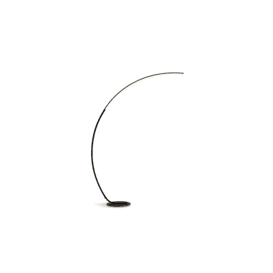 A sleek, modern floor lamp characterized by its minimalist design, featuring a slender, arcing black metal body and an integrated LED lighting strip. The lamp stands on a flat, circular base, providing stable support for its tall, curved silhouette. — 3D model (AI enhanced source)