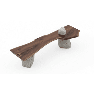 A unique bench featuring a live-edge wooden slab top supported by two irregular, natural stone bases. The wood exhibits a dark brown hue with visible grain and natural imperfections, while the stone bases are light gray and appear rough-hewn, providing a strong textural contrast. The overall design emphasizes natural forms and materials. — 3D model (AI enhanced source)