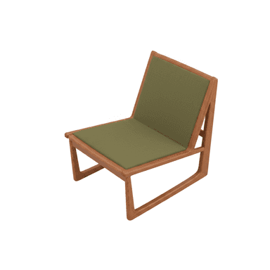 A contemporary armless lounge chair with a low-slung profile, featuring a visible, light-toned wooden frame. The seat and backrest are upholstered in an olive green fabric, presenting a clean and minimalist aesthetic. The chair's design emphasizes simple geometric lines and comfort for relaxation. — 3D model (AI enhanced source)