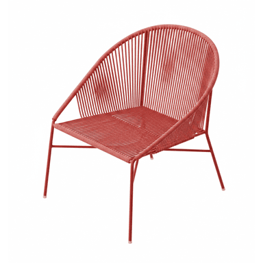A contemporary red lounge chair featuring a sturdy metal frame intricately wrapped with woven cords to form the seat and backrest. Its design is characterized by a low profile, wide stance, and a gently curved back, providing a comfortable and relaxed seating experience. — 3D model (AI enhanced source)