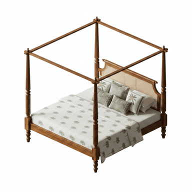 A wooden four-poster bed featuring a canopy frame and a cane rattan headboard. The bed has turned posts and legs, and is styled with a white mattress and bedding adorned with a green palm tree pattern. Decorative pillows are also present. — 3D model (AI enhanced source)