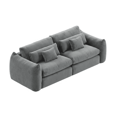 A modern three-seater sofa upholstered in textured grey fabric, featuring deep seat cushions, plush backrests, and four matching accent pillows. — 3D model (AI enhanced source)