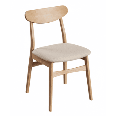 A modern dining chair constructed from light-toned wood with a curved backrest and a light-colored upholstered fabric seat. The chair features a minimalist design with a visible wood grain and gently splayed legs. — 3D model (AI enhanced source)