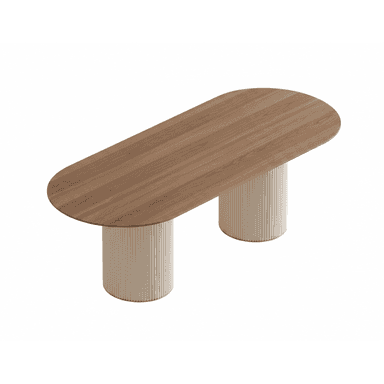 A modern dining table featuring an elongated oval tabletop made of light-toned wood, supported by two robust, cylindrical pedestal bases with a fluted texture in an off-white or beige color. The design emphasizes clean lines and a contemporary aesthetic. — 3D model (AI enhanced source)