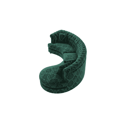 A luxurious, emerald green velvet sofa featuring a distinctive curved form and deep button tufting across its backrest and interior arms. The upholstery is adorned with a subtle damask pattern, adding to its opulent aesthetic. The sofa includes matching throw pillows, complementing its plush appearance. — 3D model (AI enhanced source)