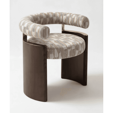 An upholstered barrel back accent chair featuring a distinctive geometric patterned fabric in beige, brown, and black tones. The chair has a solid dark wood plinth-style base with two curved legs, and brass accents connect the upholstered backrest to the seat. — 3D model (AI enhanced source)