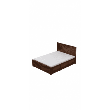 A dark brown wooden platform bed with a distinctive chevron pattern on the headboard and integrated storage drawers. — 3D model (AI enhanced source)