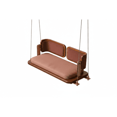 A modern two-seater swing seat featuring a curved wooden frame, upholstered cushions, and suspended by metal cables. — 3D model (AI enhanced source)