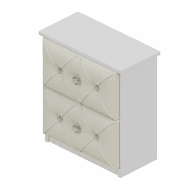 A two-drawer nightstand with a white frame and cream-colored upholstered drawer fronts featuring tufting and crystal-like drawer pull knobs. — 3D model (AI enhanced source)