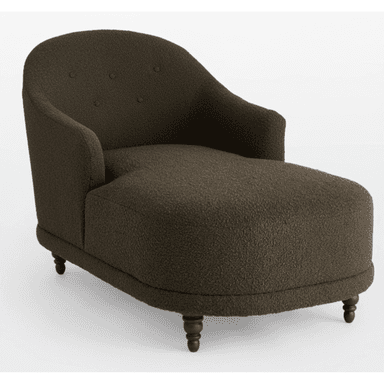 A contemporary chaise lounge upholstered in a textured, dark olive-brown bouclé fabric. It features a curved backrest with button tufting, a single integrated armrest on the left side (from the viewer's perspective), and is supported by four turned wooden legs. — 3D model (AI enhanced source)