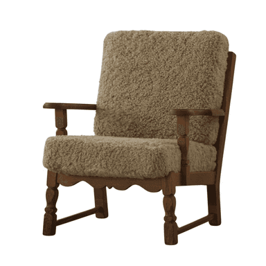 A wooden armchair with a high back and wide seat, upholstered with a thick, textured natural-colored sheepskin or similar fuzzy material. The frame has visible wooden legs and armrests. The wood appears to be a medium-toned oak or similar hardwood. — 3D model (AI enhanced source)