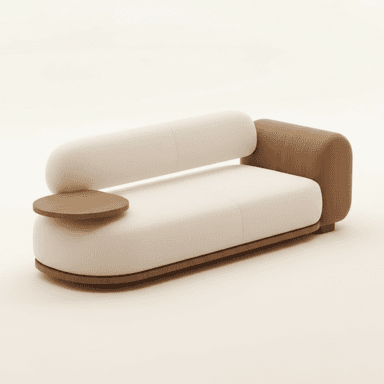 A modern loveseat featuring a cream upholstered seat and a cylindrical backrest, complemented by a curved wooden base and a distinctive wooden armrest that integrates a small side table. — 3D model (AI enhanced source)